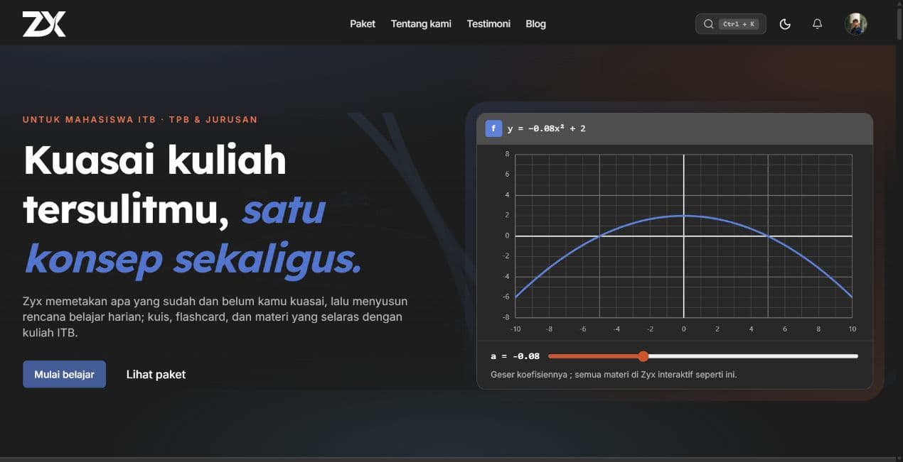 Interface view of Zyx Academy