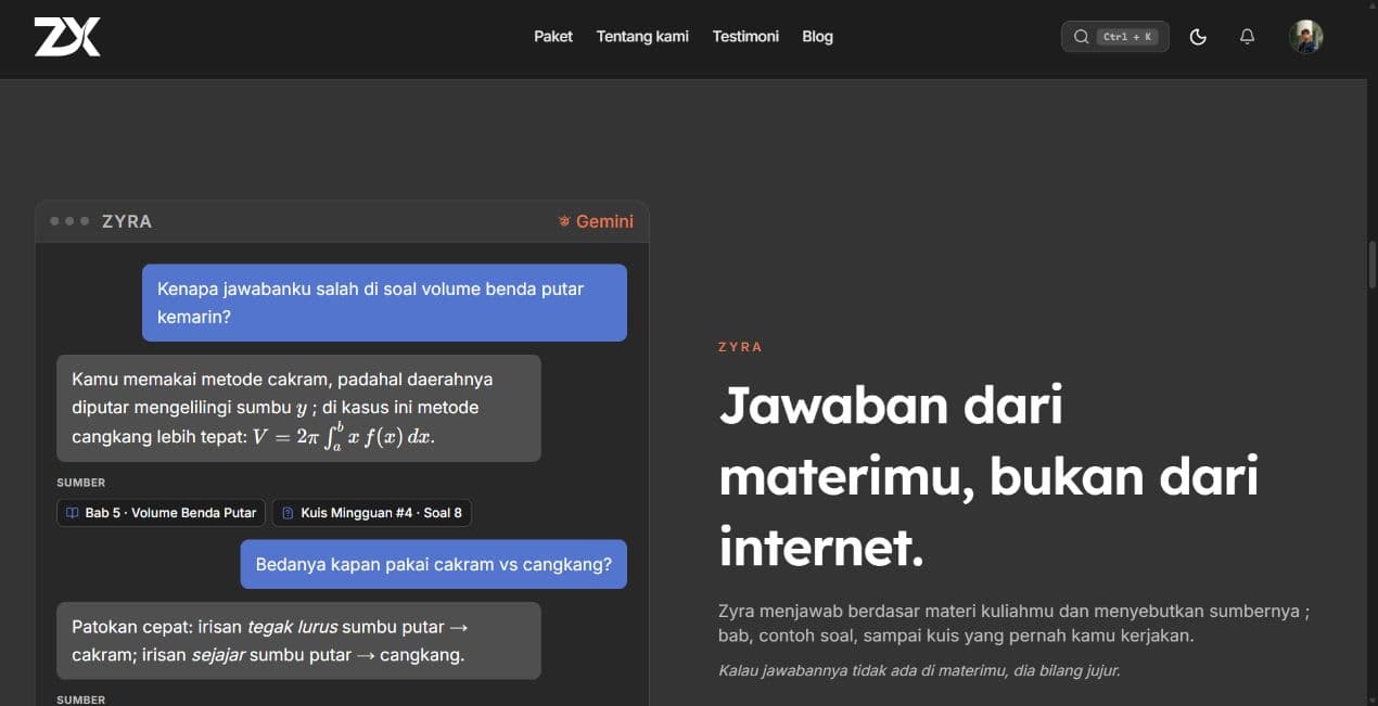 Zyra retrieval-backed learning assistant section